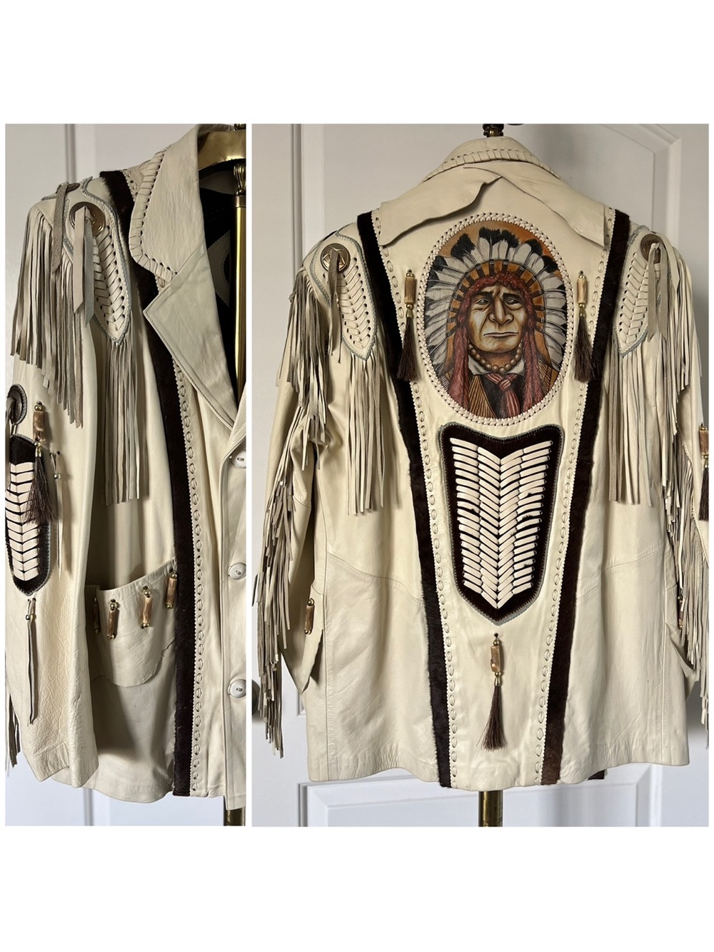 Vintage Mens Cream Soft Leather Western Native Chief Painted Jacket Medium